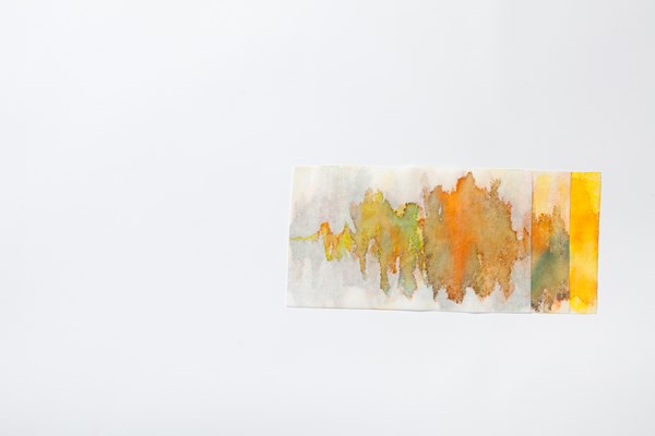 Source orange, ink on textile sticked and folded textil, 15 x 30 cm